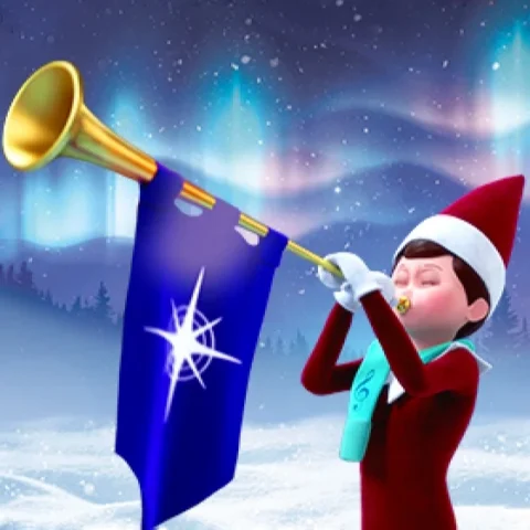 Animated Shorts: A Scout Elf blows a horn that has a Santaverse banner hanging from it. In the background is a wintery snowscape with the Northern Lights overhead.