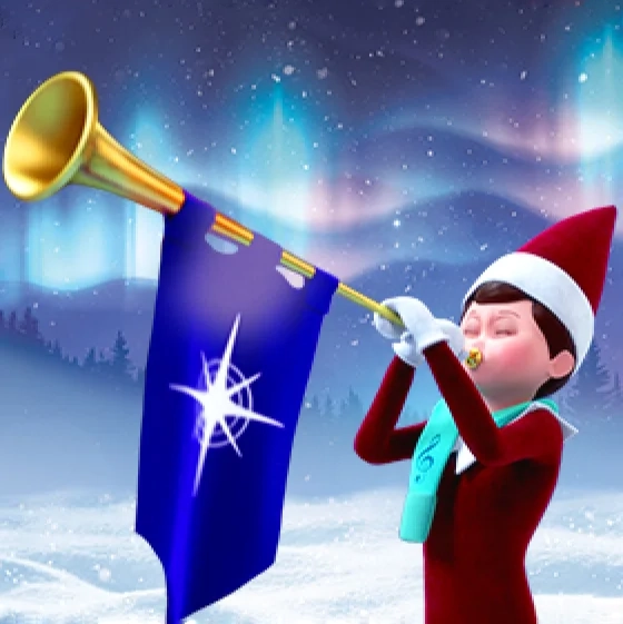 Animated Shorts: A Scout Elf blows a horn that has a Santaverse banner hanging from it. In the background is a wintery snowscape with the Northern Lights overhead.