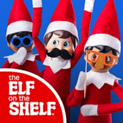 Apps: a trio of Scout Elves wear funny disguises: sunglasses, a mustache, and a pair of glasses with a false nose. They are in front of a royal blue background. The Elf on the Shelf legacy logo is in the bottom left-hand side over a red background.