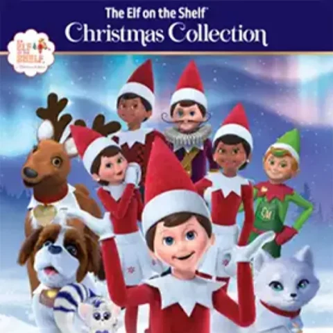Christmas Music: The Elf on the Shelf Christmas Collection: A grouping of Scout Elves, Elf Mates Cobbler, Elf Pets Reindeer, St. Bernard, Arctic Fox and Bogie, Zaspar, pose together. In the background is a wintery snowscape with the Northern Lights overhead.