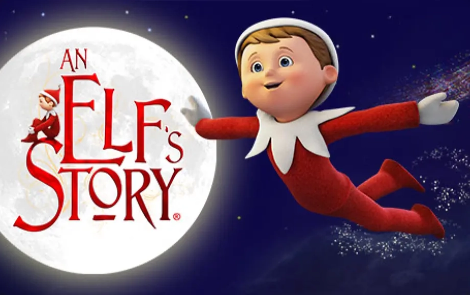 An Elf's Story cover art, featuring Chippey the Elf flying with the night sky and moon in the background. Over the moon is the film's branding which reads, "An Elf's Story®".
