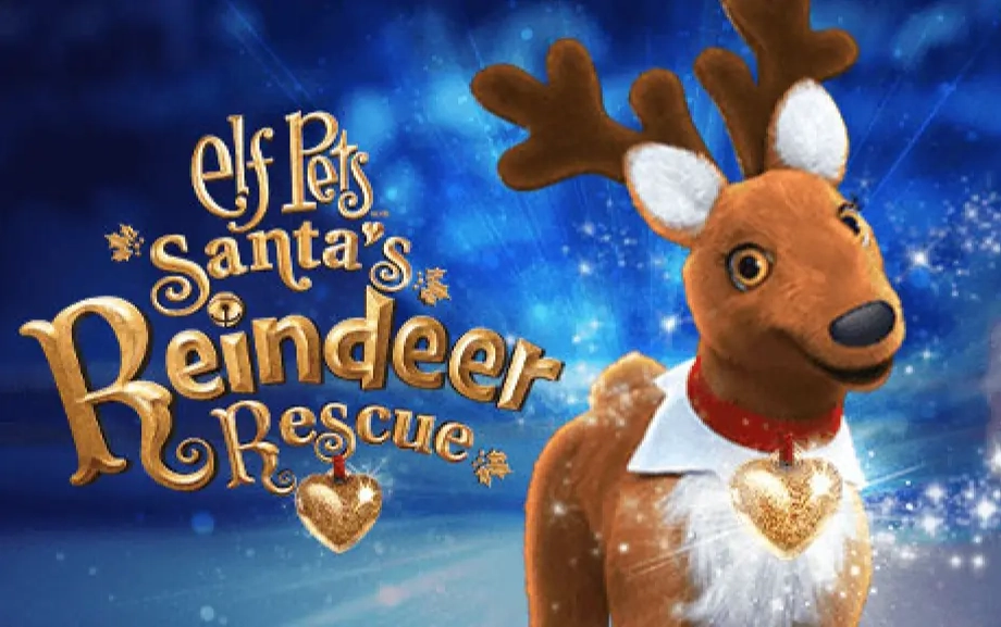 Elf Pets®: Santa's Reindeer Rescue cover art. In the right-hand corner is an Elf Pets Reindeer, sporting a friendly smile at the viewer. On the left-hand side is the film's branding which reads, "Elf Pets® Santa's Reindeer Rescue". In the background is a blurred out snowy landscape over a dark blue and navy sky.