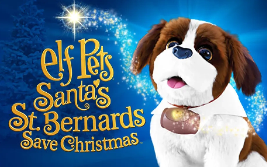 Elf Pets®: Santa's St. Bernards Save Christmas cover art. In the right-hand corner is an Elf Pets Saint Bernard pup, with a friendly gaze upon the viewer. In the left-hand corner is the film's branding, reading "Elf Pets® Santa's St. Bernards Save Christmas". In the background is a snowy landscape with snow-capped conifer trees.