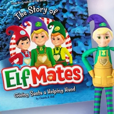 The Story of Elf Mates®: Giving Santa a Helping Hand by Chanda A. Bell storybook is pictured, along with an Elf Mates® Charmed Classic Edition Toy Maker doll.