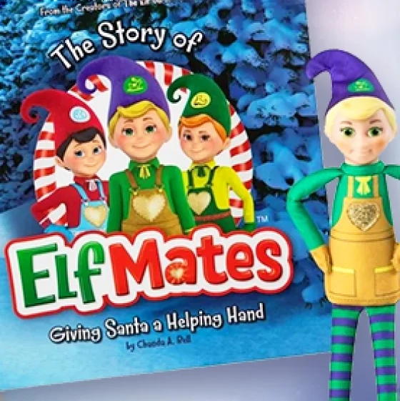 The Story of Elf Mates®: Giving Santa a Helping Hand by Chanda A. Bell storybook is pictured, along with an Elf Mates® Charmed Classic Edition Toy Maker doll.