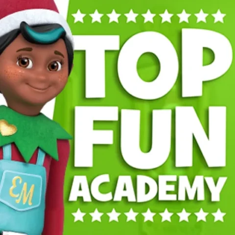 An Elf Mates Chef is peeking out from the left-hand side of the image with "TOP FUN ACADEMY" on the right-hand side over a green background with military-inspired stars above and beneath the text.