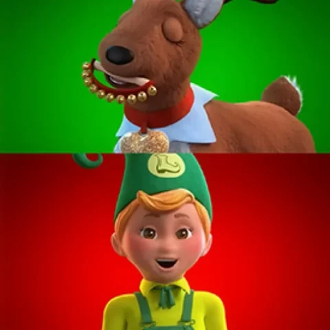 An Elf Pets Reindeer is on the top over a green background and an Elf Mates Cobbler is on the bottom over a red background.