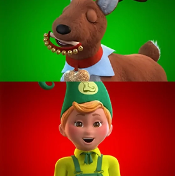 An Elf Pets Reindeer is on the top over a green background and an Elf Mates Cobbler is on the bottom over a red background.