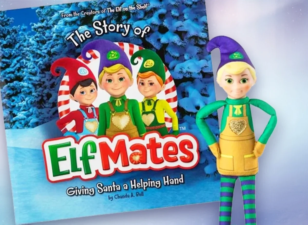 The Story of Elf Mates®: Giving Santa a Helping Hand by Chanda A. Bell storybook is pictured, along with an Elf Mates® Charmed Classic Edition Toy Maker doll.