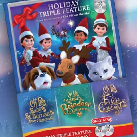 A product image of the Elf Pets® Triple Feature DVD and Blu-ray. The background is a mystical scene with the Northern Lights overhead.