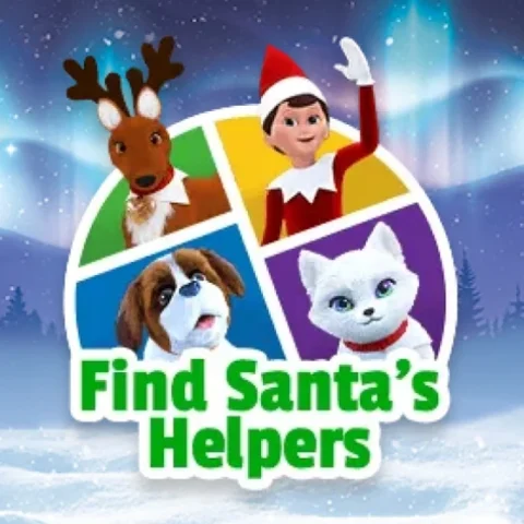 The game logo of 'Find Santa's Helpers' from the Santa's North Pole game site. Santa's helpers are framed in different, colored tiles of a quartered circle. An Elf Pets® Reindeer is at the top-left over a green background, next to a Scout Elf waving in the top-right over a yellow background. Beneath the Scout Elf on the bottom-right is an Elf Pets® Arctic Fox over a purple background and an Elf Pets® St. Bernard pup over a blue background in the bottom-left. "Find Santa's Helpers" is spelled out beneath the character lockup in green lettering. The background is a mystical scene with the Northern Lights overhead.