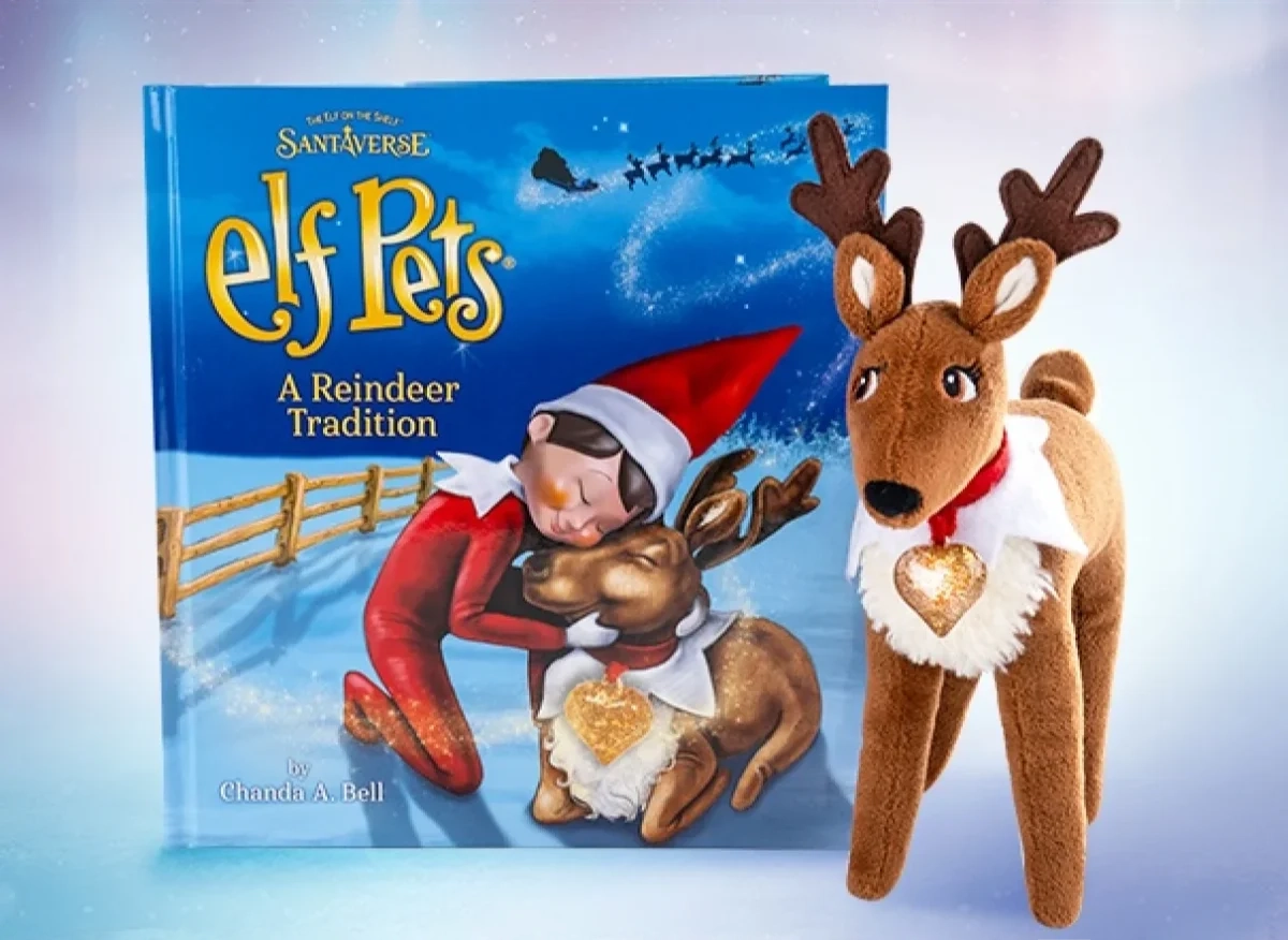 An image of the Elf Pets® Reindeer alongside the accompanying Elf Pets®: A Reindeer Tradition book.