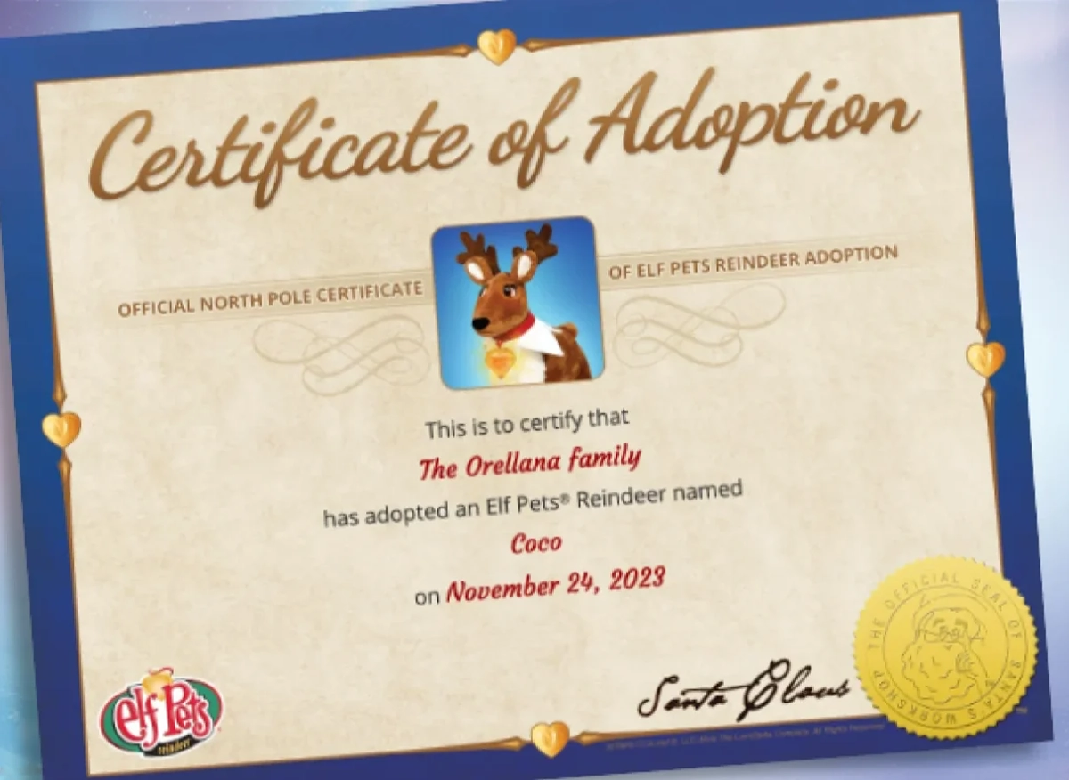 A sample image of the Elf Pets® Reindeer registration certificate.