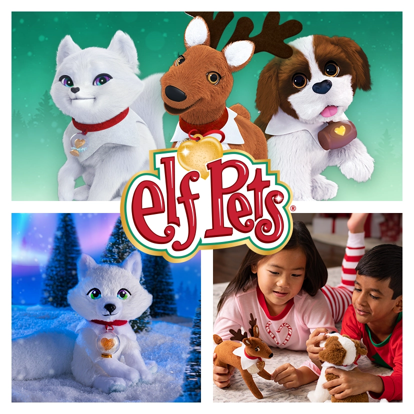 Collage of the 3D animated Elf Pets Arctic Fox, Reindeer and Saint Bernard, an Arctic Fox plush sitting in a magical snowscape with conifer trees and the Northern Lights overhead, and two children playing with an Elf Pets Reindeer and Elf Pets Saint Bernard on the floor