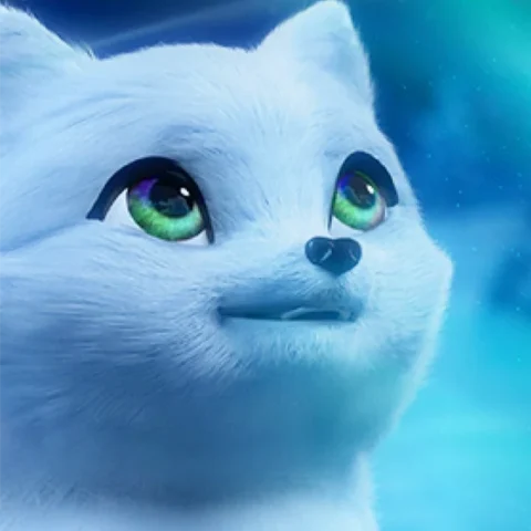 A still of a young Noorah from her music video, "This Christmas Wish | Official Music Video | Noorah, Santa’s Magical Arctic Fox | Kid’s Cartoon". Her eyes are reminiscent of the Northern Lights, as she gazes upward with an endearing smile. In the background, you can see snow and the edge of the Northern Lights in the night sky.