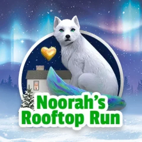 The game logo of 'Noorah's Rooftop Run' from the Santa's North Pole game site. Noorah is pictured in the center with a gold heart charm to her left. In the background, framed in a circle is a dark blue, night sky with a house focused on the rooftop. Beneath this is "Noorah's Rooftop Run" in green lettering. The background of this image is a wintery snowscape and the Northern Lights overhead.