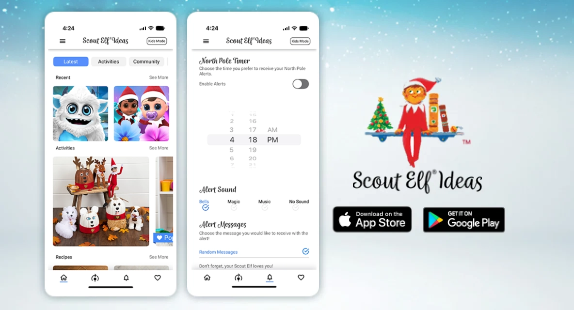 An image of 2 screenshots showing the Scout Elf Ideas App, as well as the logo and links to download on both the App Store and Google Play.