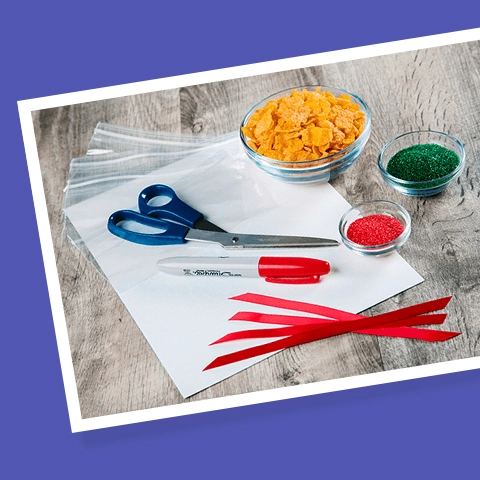 Merry & Bright Family Nights: Reindeer Food Recipe - an image of the materials needed for the craft over a purple background.