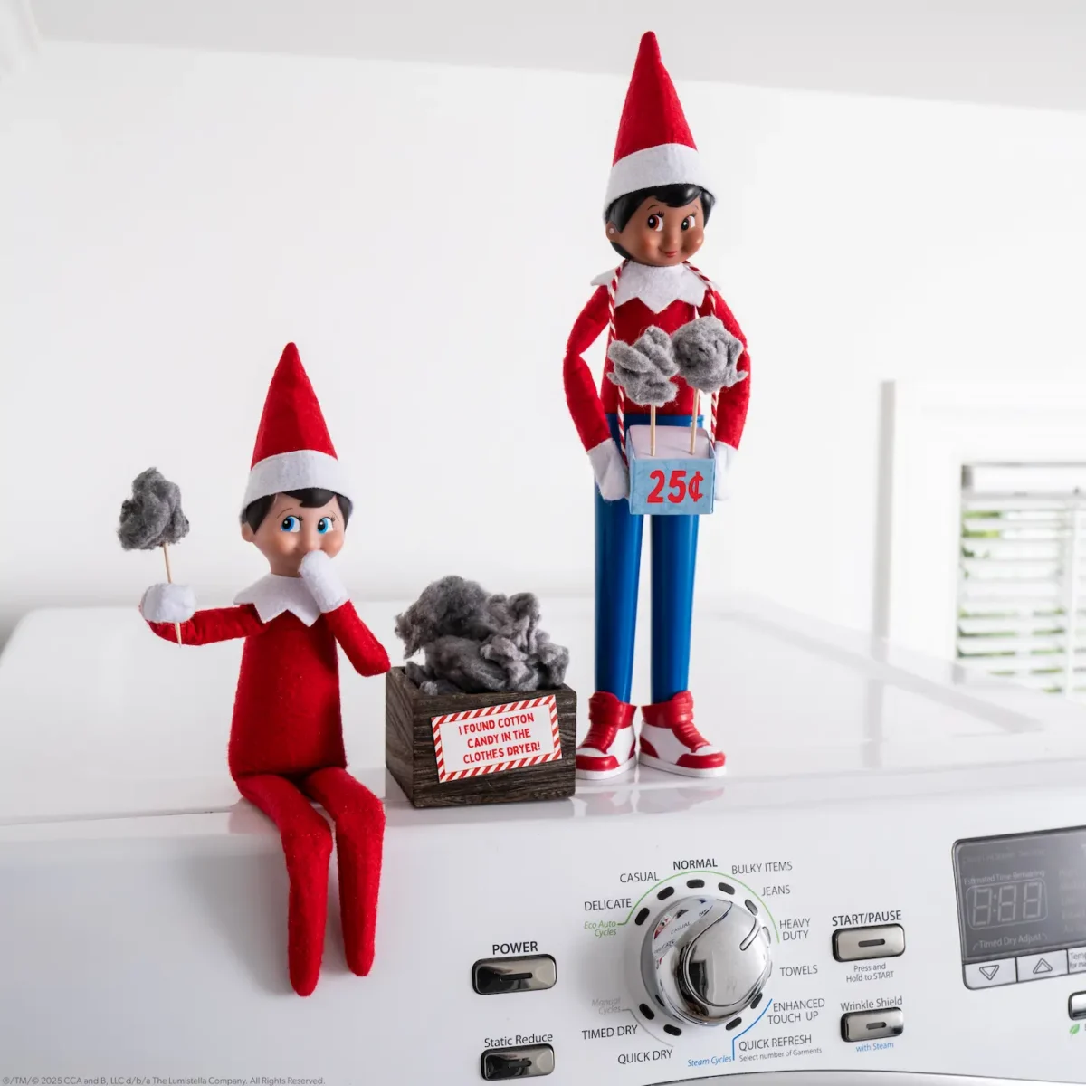 Two Scout Elves pose with what they think is cotton candy with a sign that says they found it in the clothes dryer