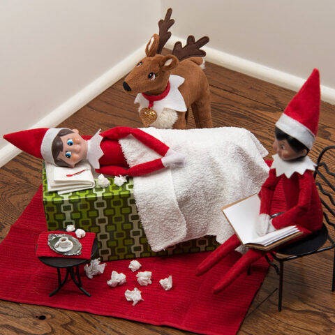 A Scout Elf rests in bed while another Scout Elf reads a story and an Elf Pets reindeer watches