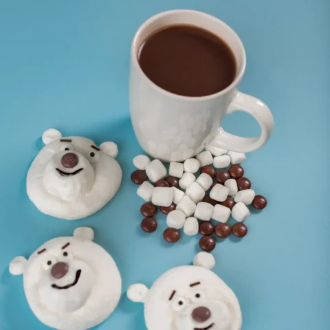 A cup of cocoa with marshmallow polar bear topper