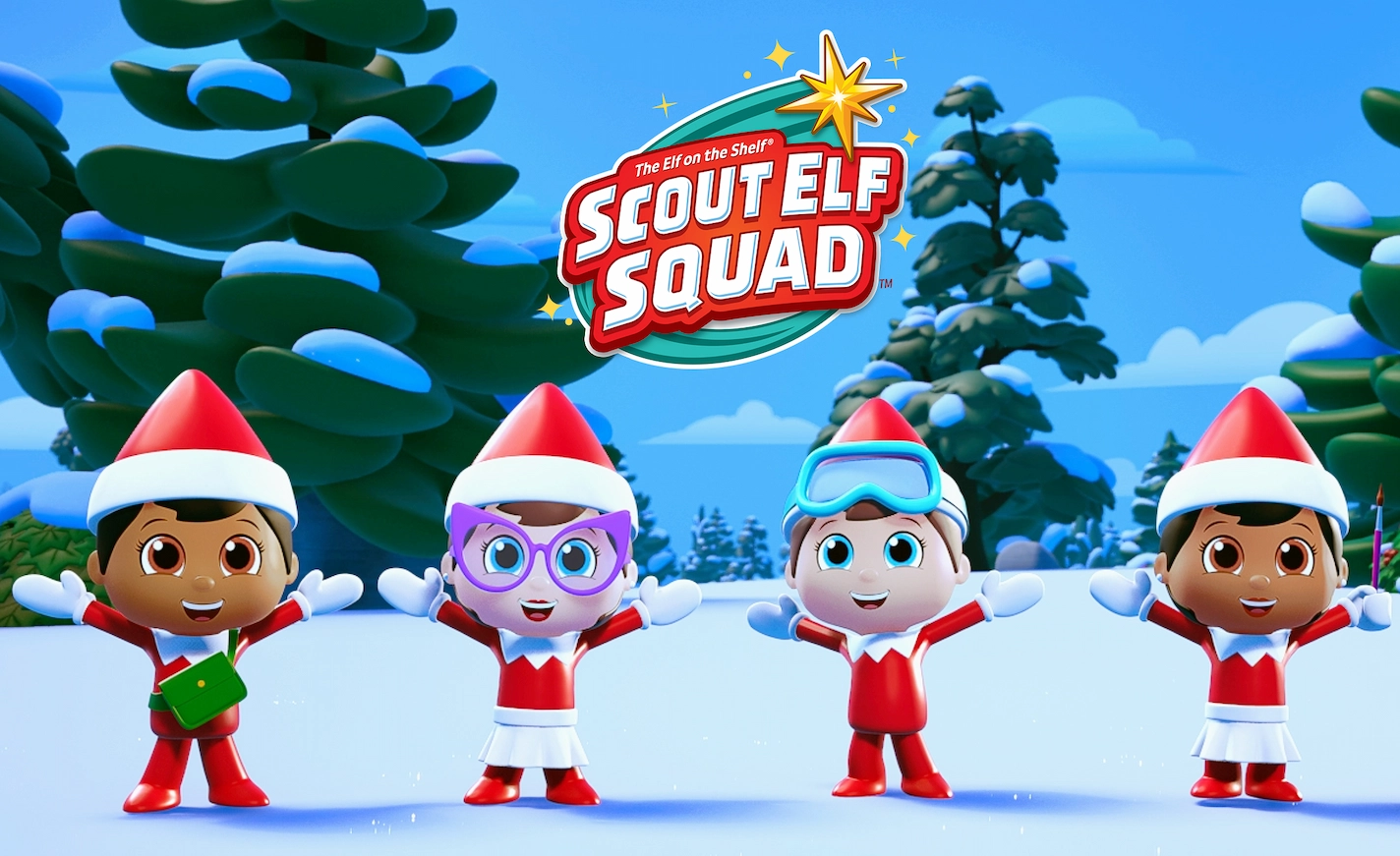 Four elves, the heroes of the preschool series Scout Elf Squad, stand smiling with arms raised high in a snowy North Pole scene