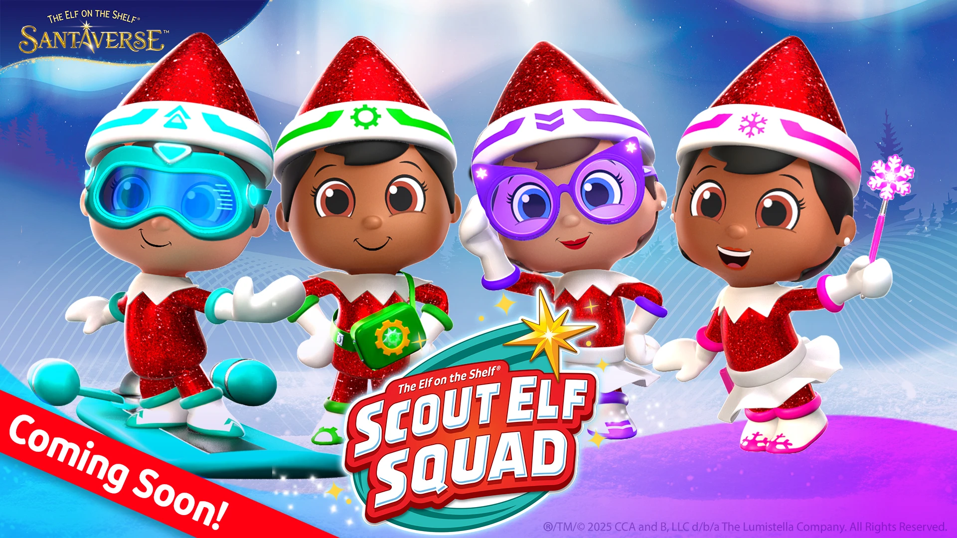 The four Scout Elf Squad Characters standing on a snowy field with the northern lights and pine trees in the background. On the top left is the Santaverse logo, and in the bottom center is the Scout Elf Squad logo. In the bottom left is a banner that says Coming Soon! Scout Elf Squad – Together they’re better than one — when their forces combine, the fun’s just begun!