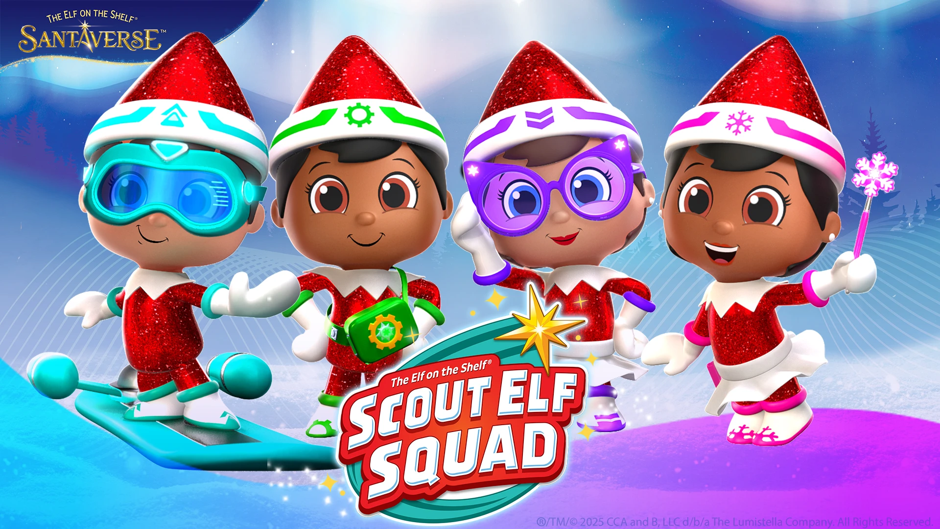 The four Scout Elf Squad Characters standing on a snowy field with the northern lights and pine trees in the background. On the top left is the Santaverse logo, and in the bottom center is the Scout Elf Squad logo. Scout Elf Squad – Together they’re better than one — when their forces combine, the fun’s just begun!