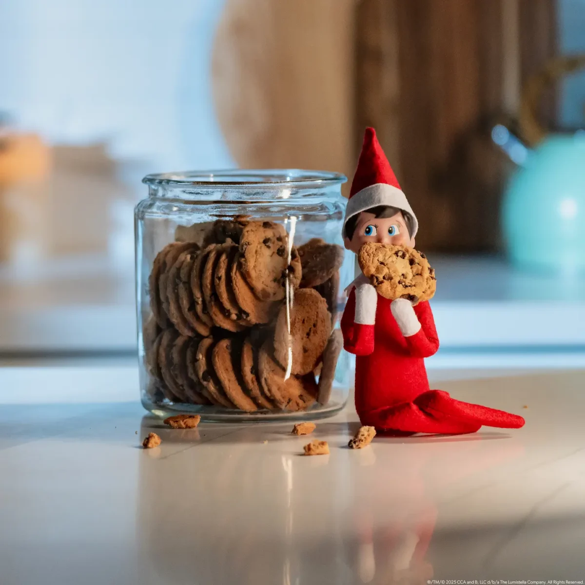 The Elf on the Shelf Scout Elf sits next to a cookie jar with cookie in hand, ready to eat
