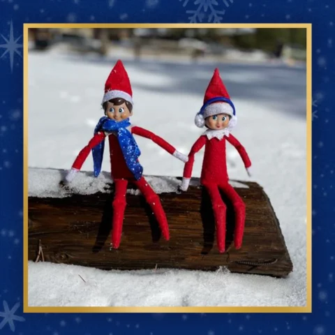 Two The Elf on the Shelf Scout Elves sit on a tree log in a snowy landscape