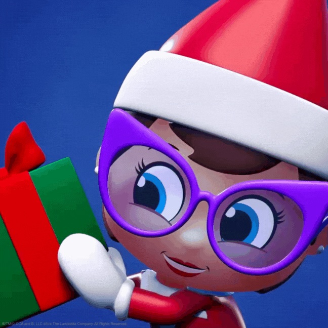 A Scout Elf shakes a green and red package