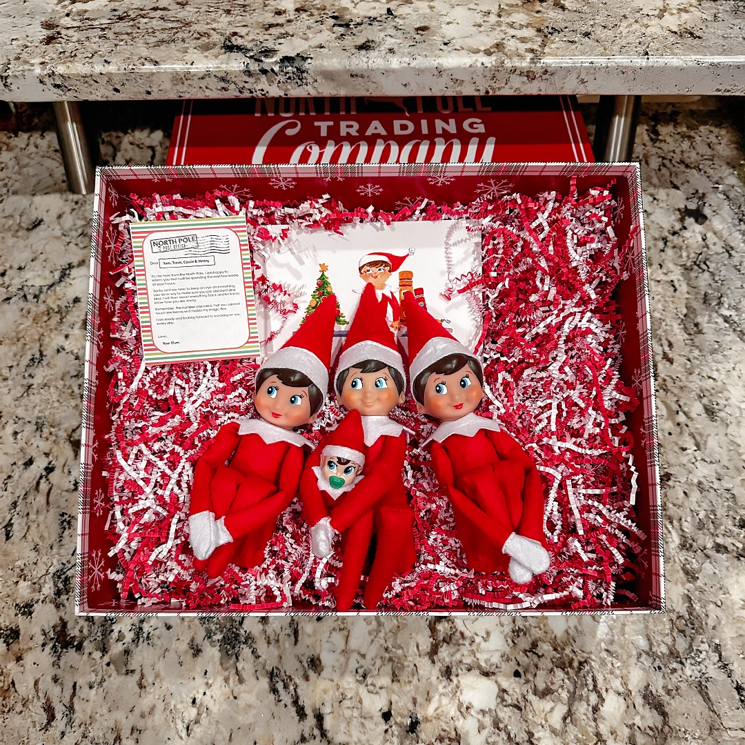 A trio of Scout Elves are in a box with festive, paper filler, with a card and letter from the North pole. The middle Scout Elf is holding a Frost Pip elf baby. The box is on a kitchen counter.