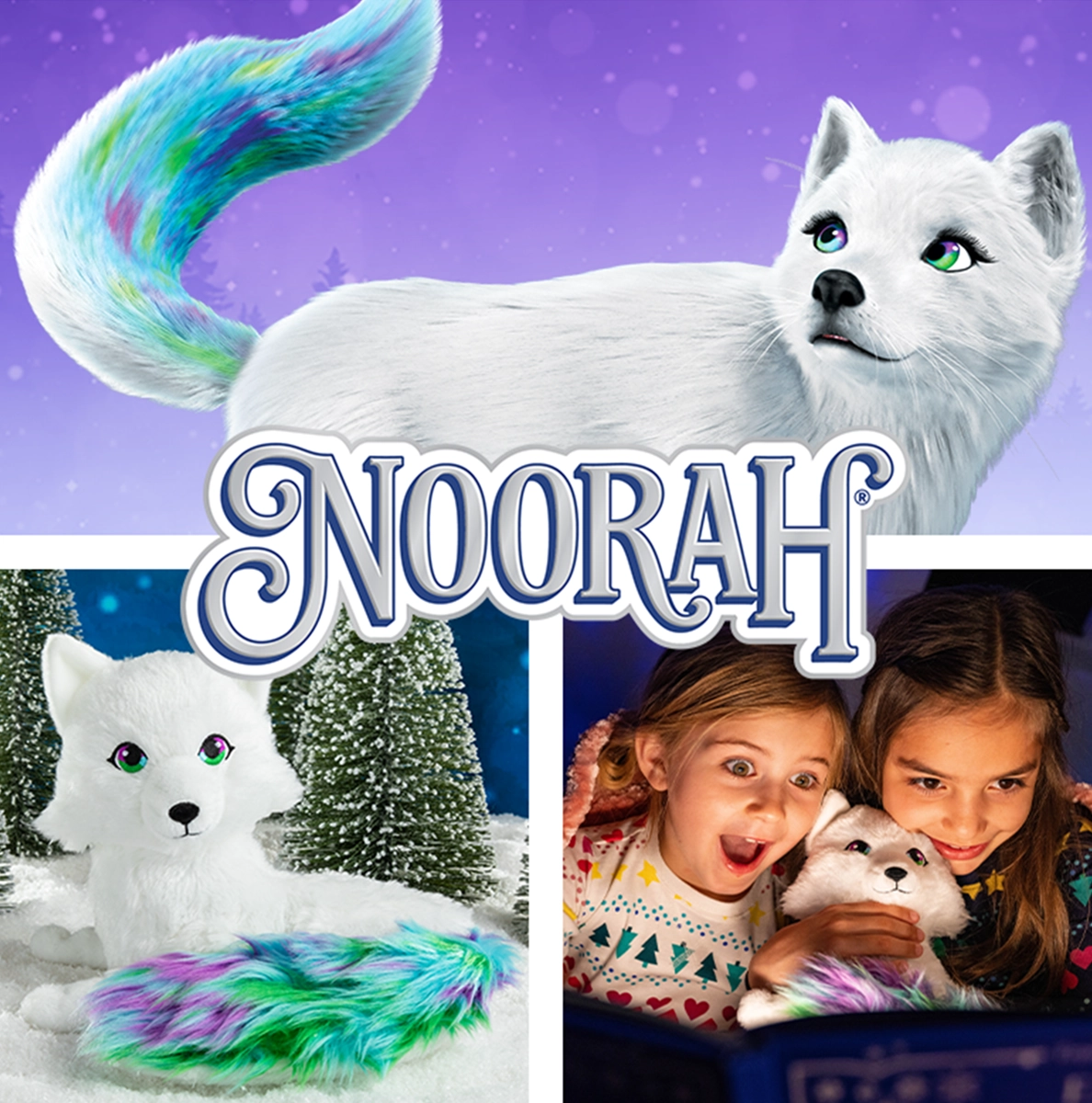 Collage of the 3D animated Extraordinary Noorah, the Extraordinary Noorah plush, and 2 children reading the Extraordinary Noorah storybook while holding the matching plush. Overtop of the middle of the collage is the Noorah logo.