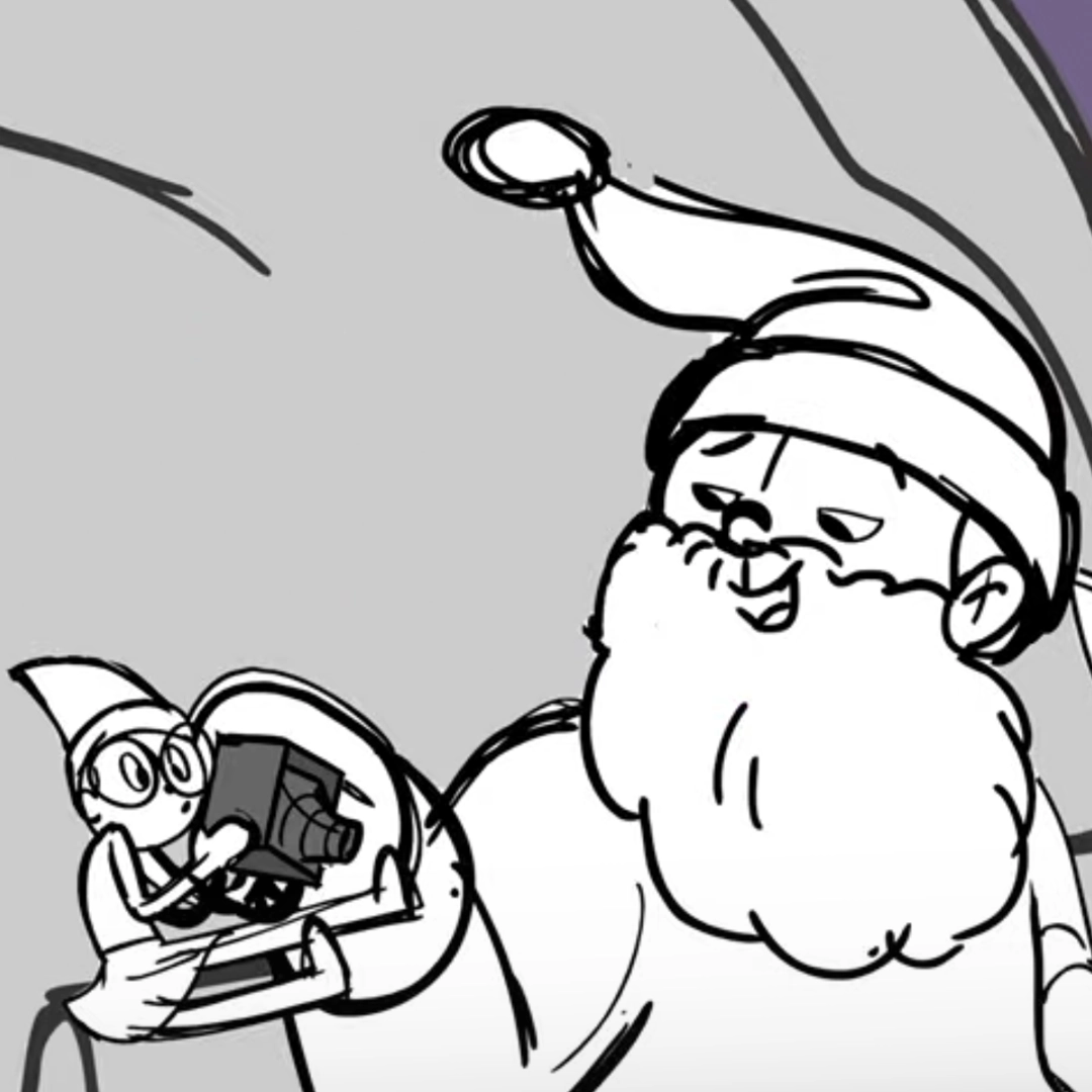An animatic phase showcasing behind the scenes making of Elf Pets: A Fox Cub's Christmas Tale. This scene shows Santa and Scout Elf Newsey Noel​​.