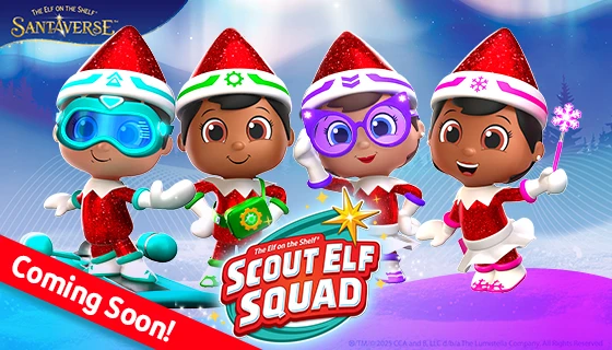 The four Scout Elf Squad Characters standing on a snowy field with the northern lights and pine trees in the background. On the top left is the Santaverse logo, and in the bottom center is the Scout Elf Squad logo. In the bottom left is a banner that says Coming Soon! Scout Elf Squad – Together they’re better than one — when their forces combine, the fun’s just begun!