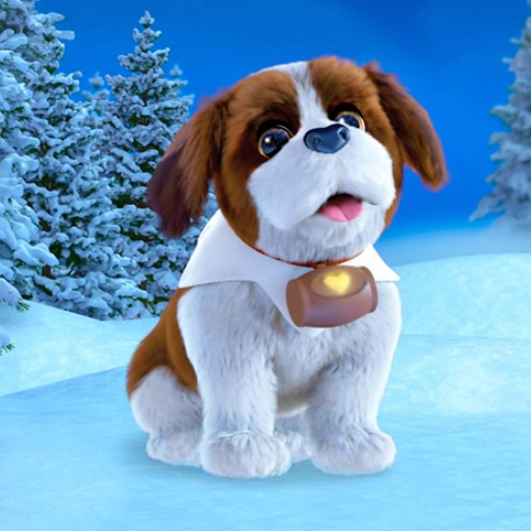 A still of a St. Bernard pup from the YouTube video, "Meet New Elf on the Shelf Characters from 'Santa's St. Bernards Save Christmas'" animated special. The pup is seated in a wintery snowscape.