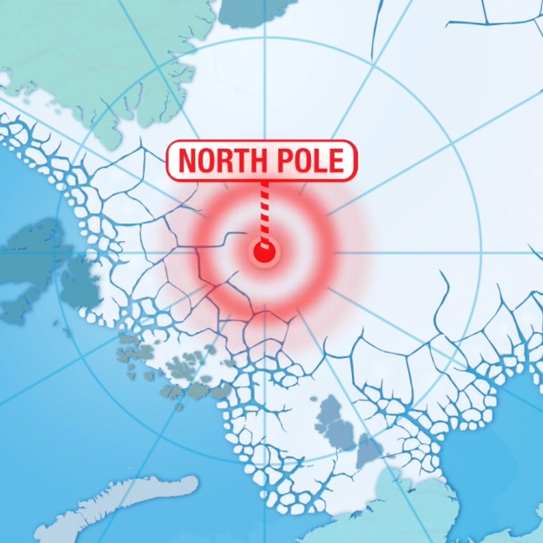 A map of the North Pole, signified by a candy cane striped waypoint marker with "NORTH POLE" above.