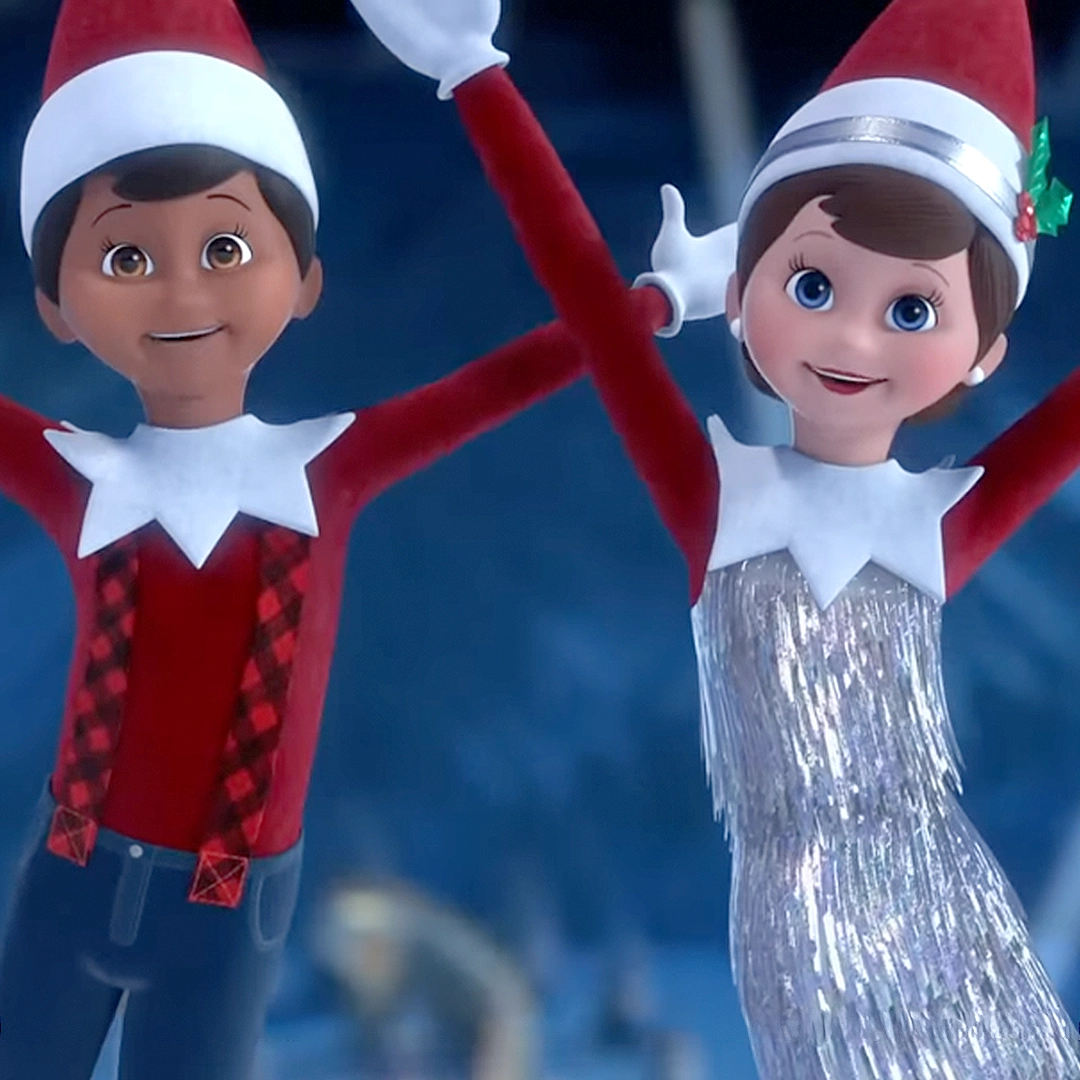 A pair of Scout Elves from the Sing Along version of "All in a Day's Work" from the Elf Pets: Santa's Reindeer Rescue animated special.