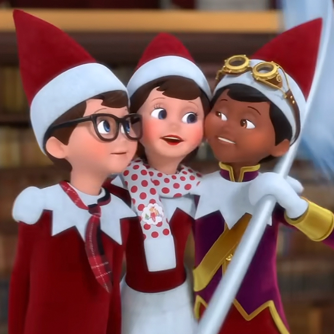 A trio of Scout Elves perform in the Sing-Along version of "Christmas Cheer is Near" from the Elf Pets: Santa's St. Bernards Save Christmas animated special.