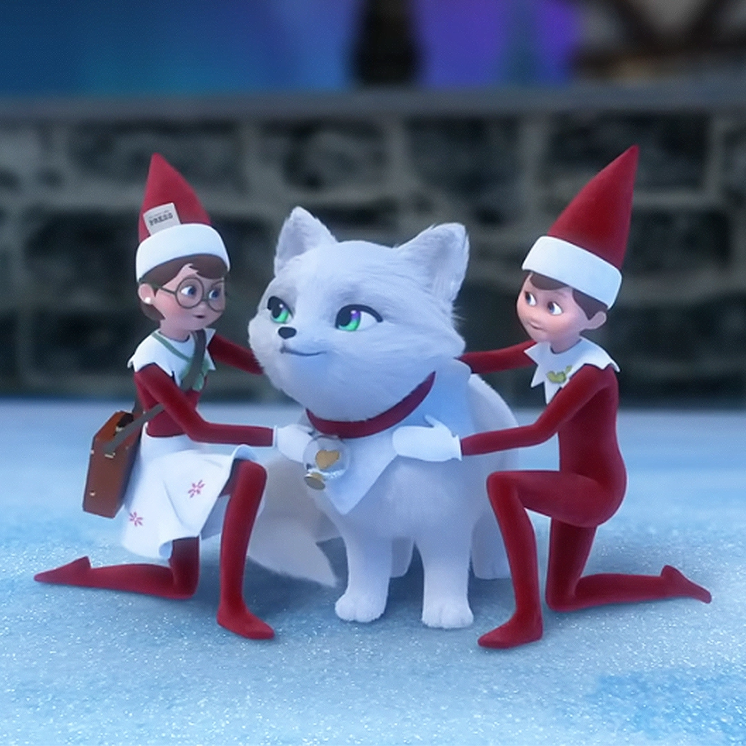 A still of Scout Elf Newsy Noel, an Elf Pets Arctic Fox cub and Scout Elf Mister Maestro from the Sing Along version of "Fox Cubs" from the Elf Pets: A Fox Cub's Christmas Tale.