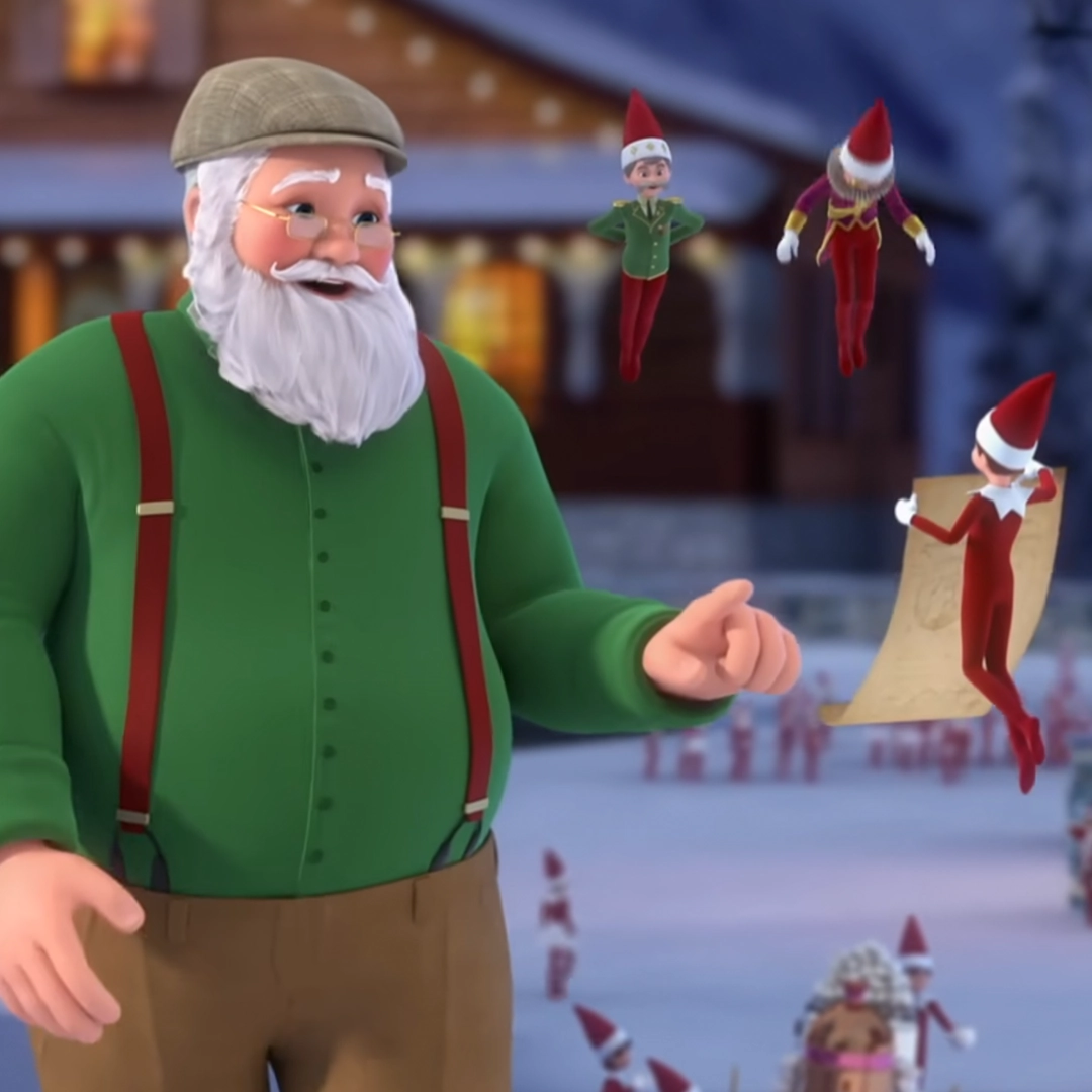 A still of Santa reading over the nice list during the "Here at the North Pole!" song from the Elf Pets: A Fox Cub's Christmas Tale animated special.