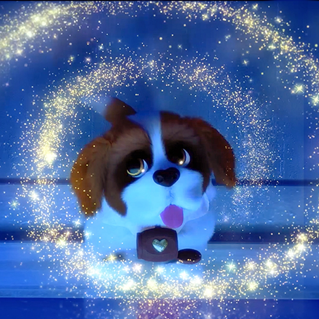 A still of an Elf Pets St. Bernard pup, surrounded by a magical starry swirl from the "Pups at the Window" song from the Santa's St. Bernards Save Christmas animated special.