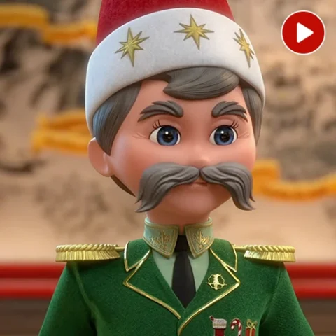 A close up of The General from the chest up. He is standing in front of a map of The Kingdom of the One True North. In the top right corner is a video icon.