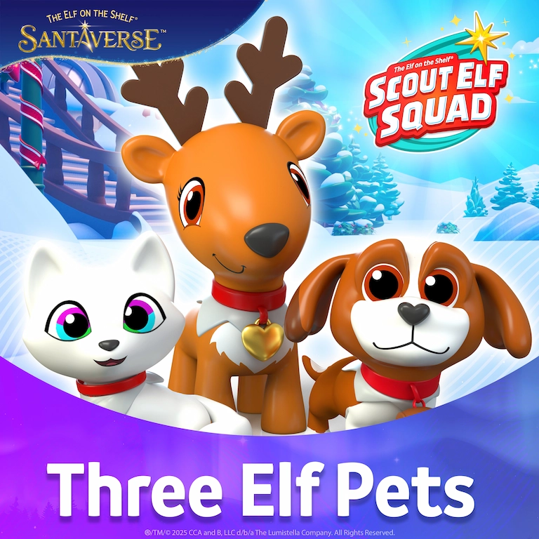 Arctic Fox, Reindeer, and Saint Bernard animated characters with a snowy scene and a set of stairs behind them. On the top left is the The Elf on the Shelf Santaverse logo, and on the top right is the Scout Elf Squad logo. Along the bottom is text that says Three Elf Pets.