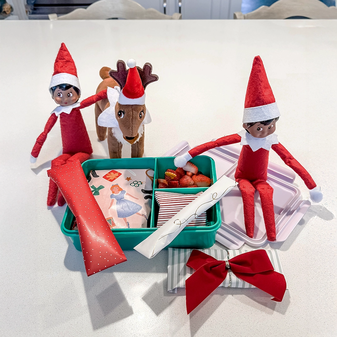 A pair of Scout Elves are seated on a kitchen countertop along with an Elf Pets Reindeer. They are gathered around what looks to be a Bentgo box filled with presents and cut strawberries. Such lovely, tiny surprises!