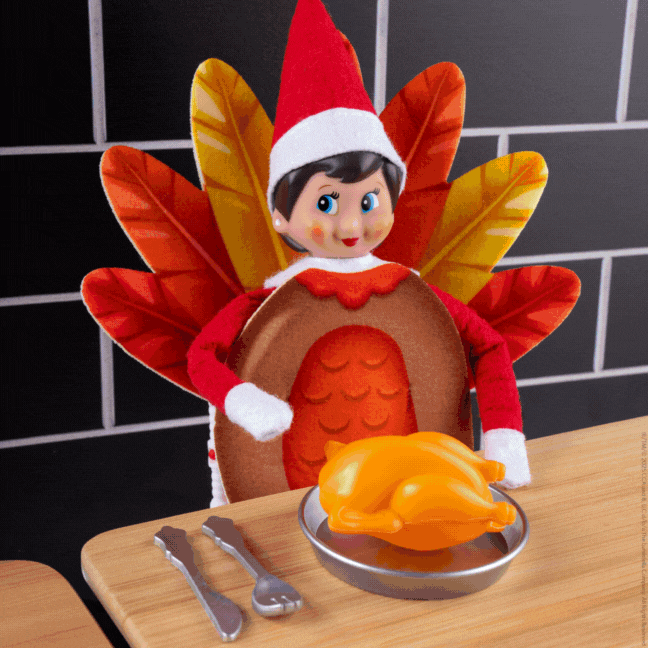The Elf on the Shelf dressed up in a turkey costume