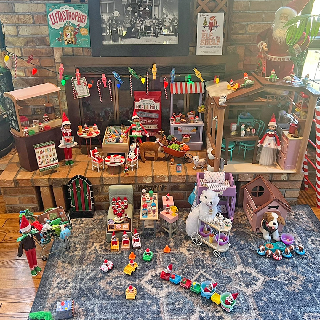 An elaborate scene of Scout Elves, Elf Pets, The Elf on the Shelf mini figures, Frost Pips and various other props staged to create a Twinkle Town Center scene. There are also some classic books from the Santaverse. It is quite the bustling little town.