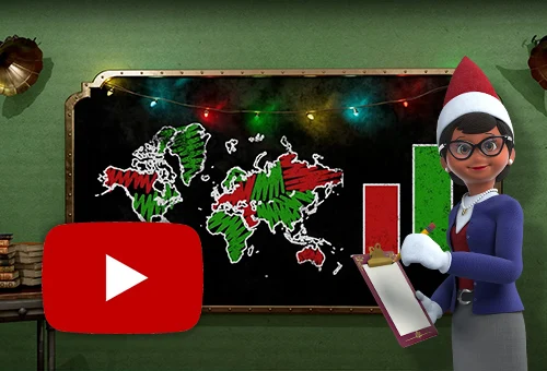 Professor Peppermint standing in front of a chalkboard holding a clipboard and pencil. On the chalkboard is a drawing of a world map with continents colored in with either red or green. To the right of the map is a vertical bar chart with a red bar and a green bar. The YouTube logo is in the bottom left.