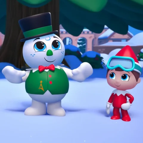 Razzle the Celebration Snowman stands in a North Pole scene with Scout Elf Blizzard from Scout Elf Squad