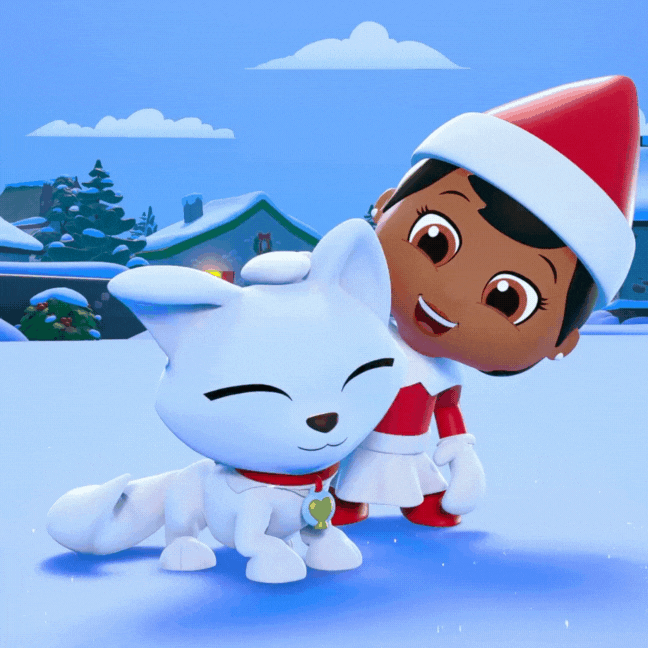 Snowdrop pats an Elf Pets arctic fox on the head
